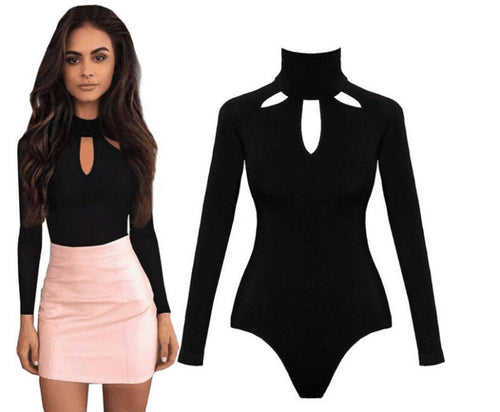 Elegant Turtleneck Knitted Bodysuit Women Black - EvoltOne
